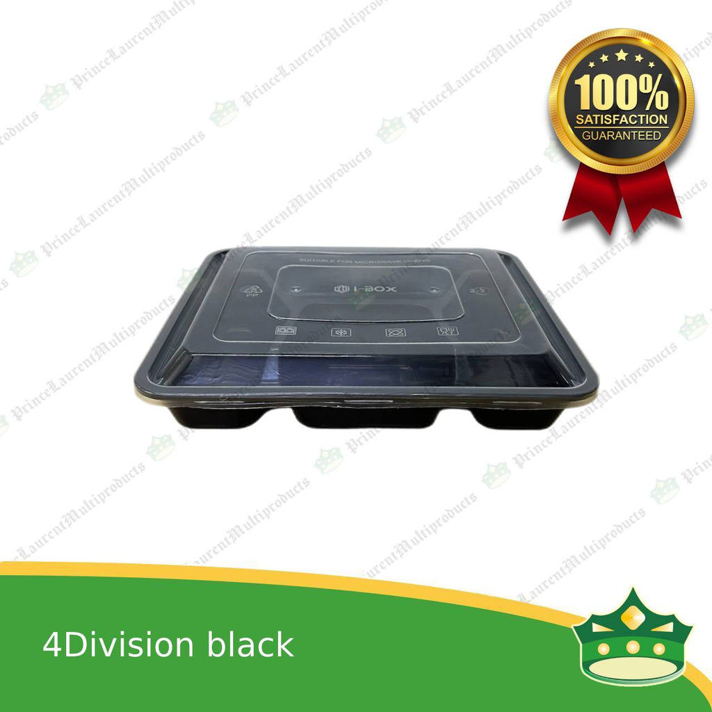 [150 pcs] iBox brand 4 division microwavable bento boxes black body clear cover for food packs & catering events parties meetings & many more