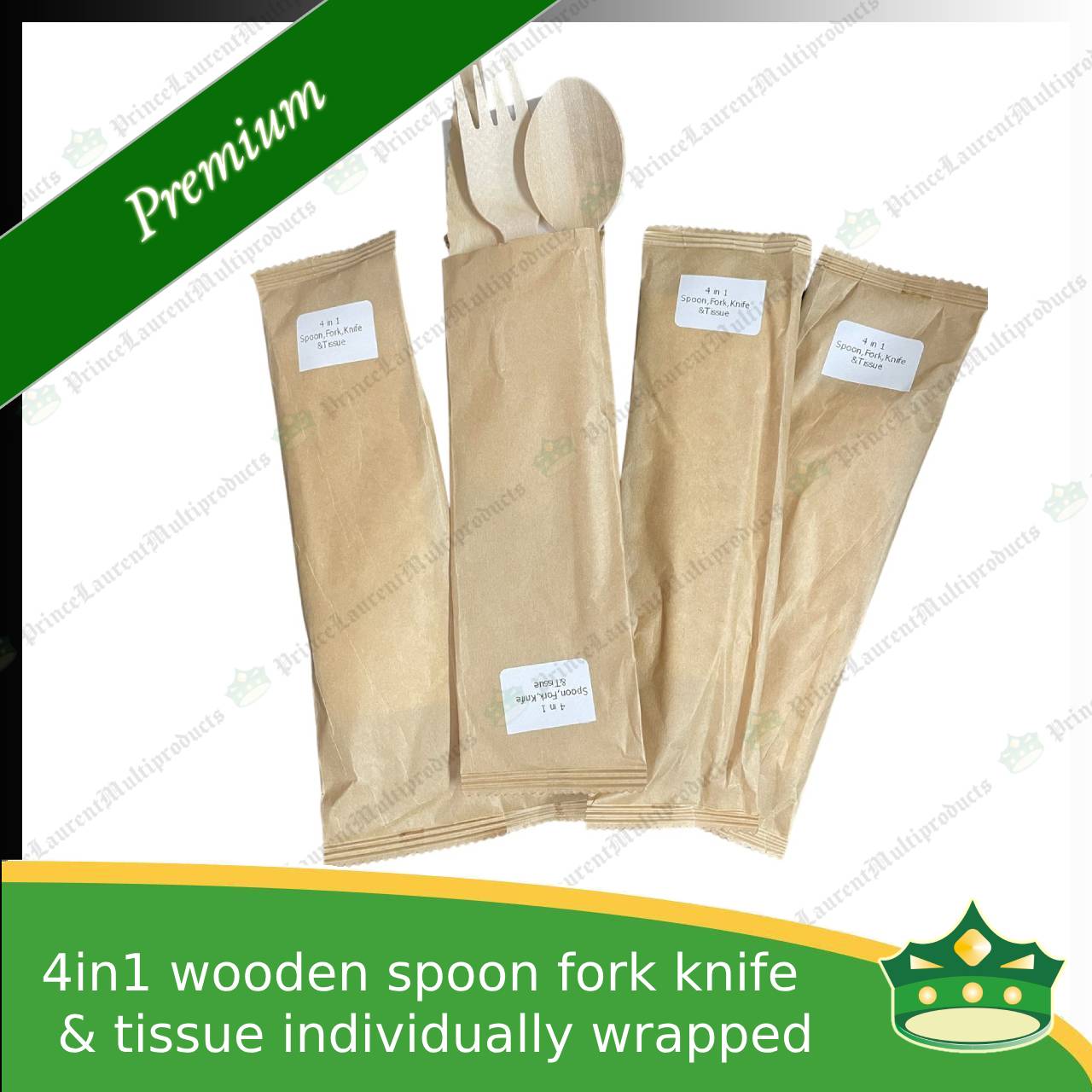 [50 sets] 4in1 wooden spoon fork knife & table napkin paper wrapped set for easy on the go disposable cutleries
