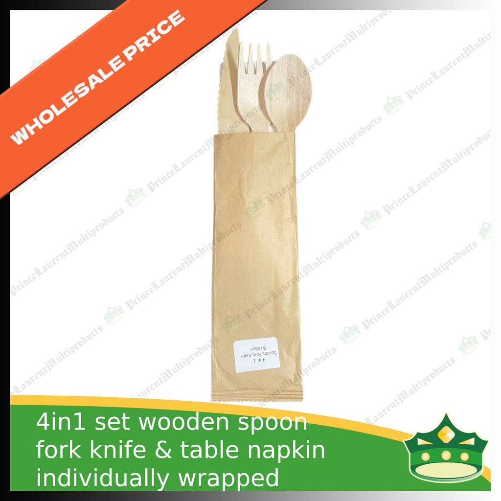 [1 case] 4in1 wooden spoon fork knife & table napkin paper wrapped set for easy on the go disposable cutleries