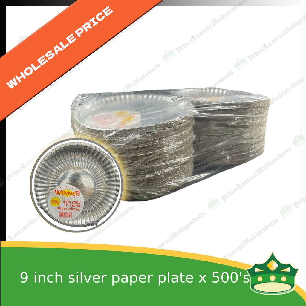 [500 pcs] 9 inch paper plate SILVER LAMINATED use as disposable serving dish for all occasions