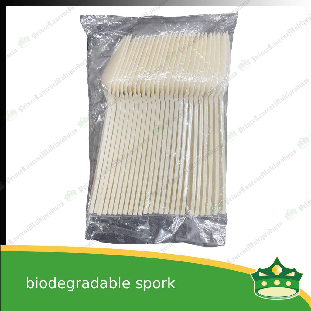 [25 pcs] biodegradable spork combination beige 5.875 inches length disposable plastic cutleries as takeout utensils