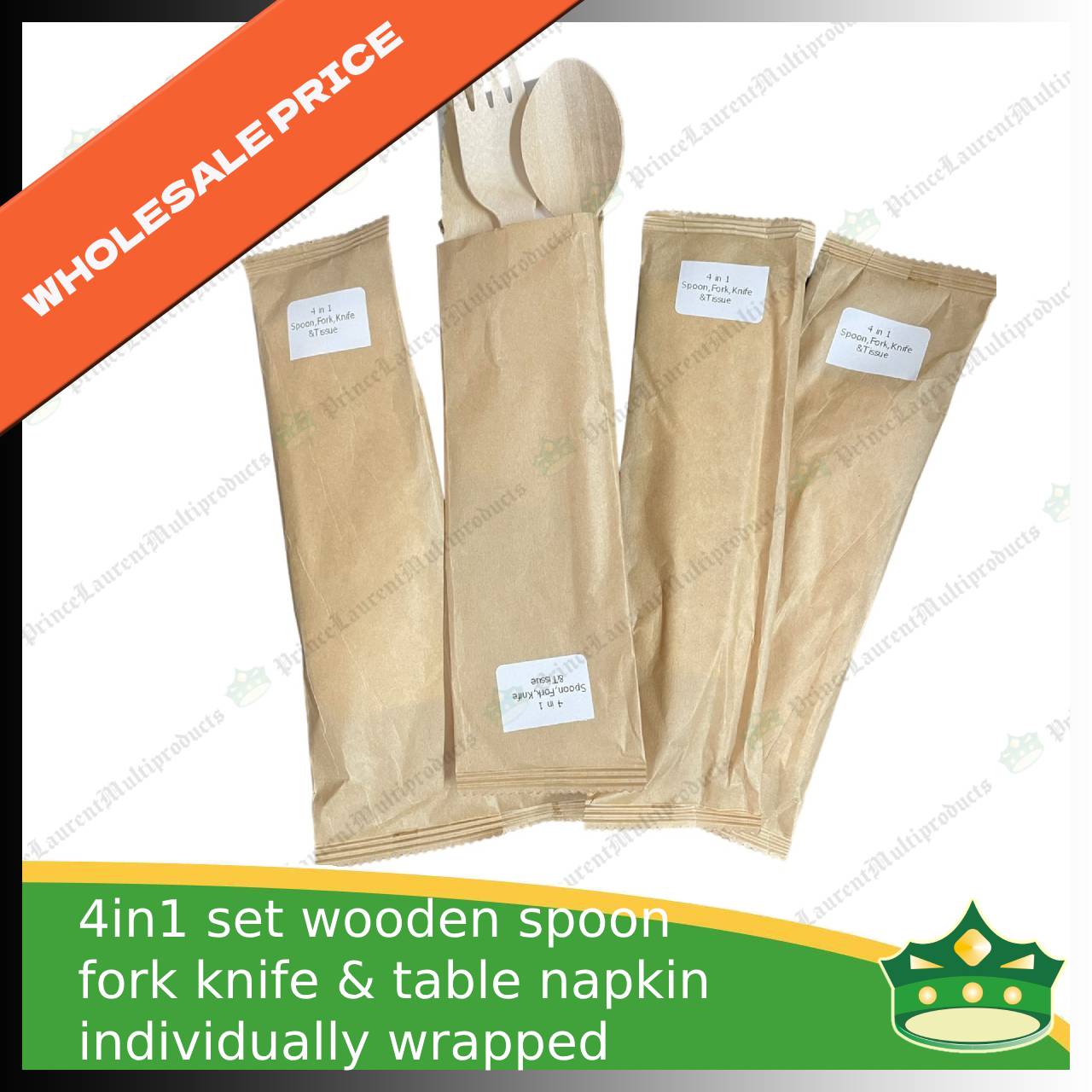 [1 case] 4in1 wooden spoon fork knife & table napkin paper wrapped set for easy on the go disposable cutleries
