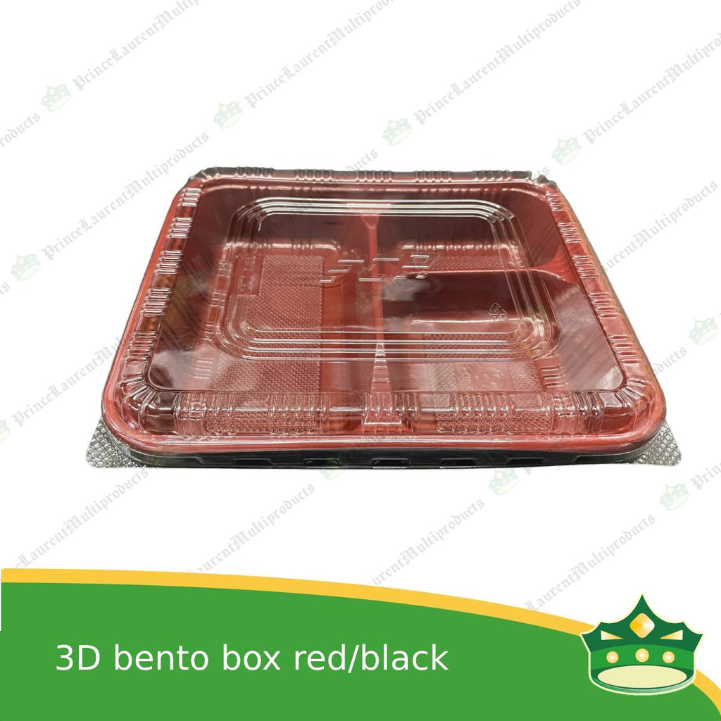 [50 pcs] Japanese bento box 3 division red and black bottom with clear lid for bento meals food packs rice fruits desserts viands combination meals