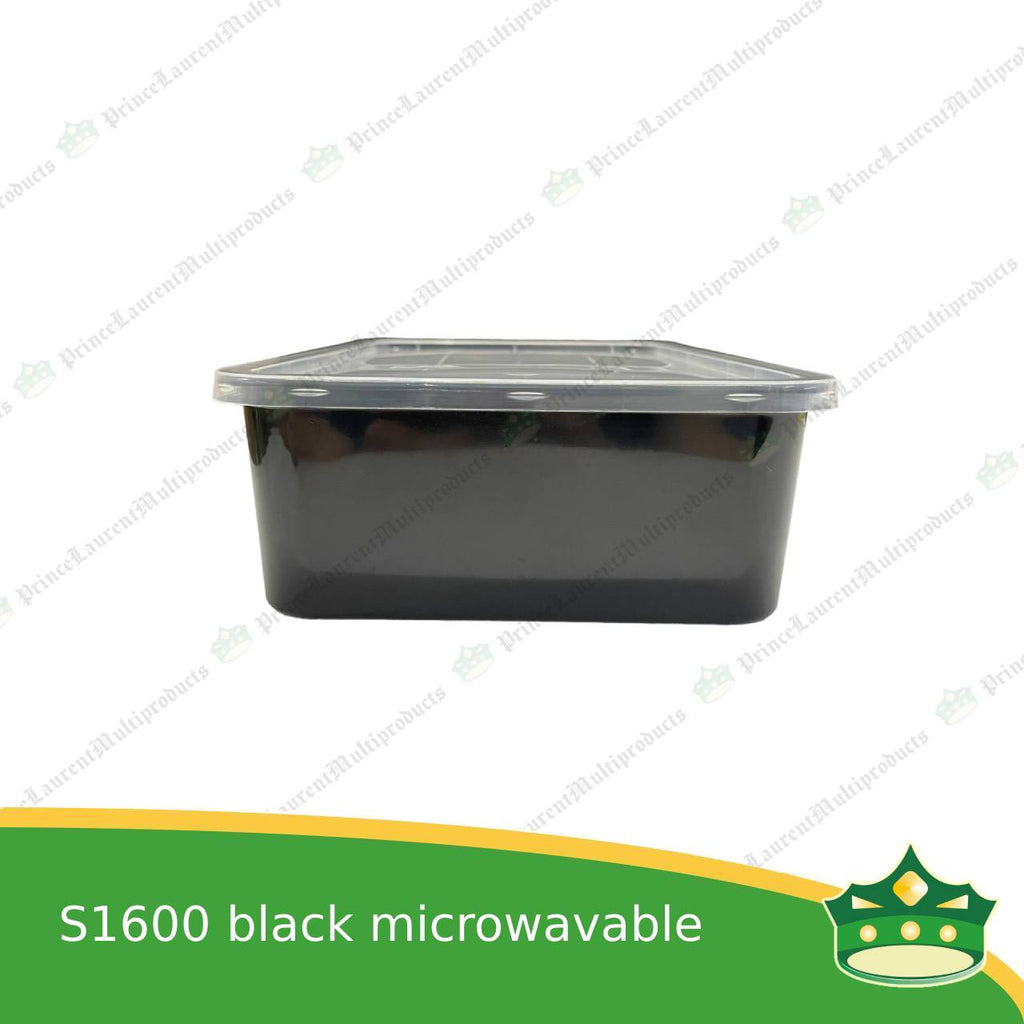[10 pcs] re1600 ml black microwavable plastic large rectangular container with lid for take out of noodles soup and other food products