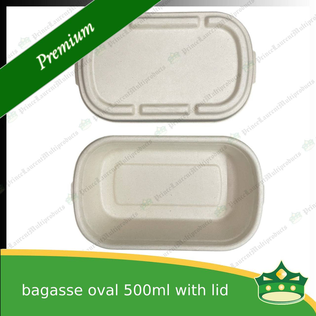[50 pcs] bagasse oval 500ml container with lid for compostable biodegradable take away boxes