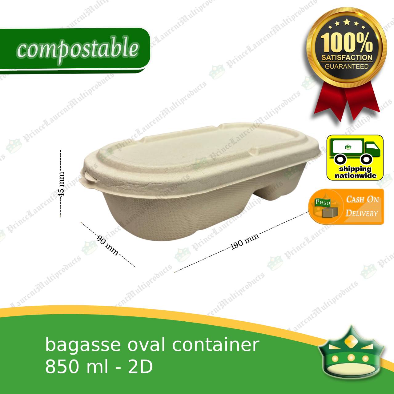 [50 pcs] bagasse 2D oval 850ml container with lid compostable biodegradable take away box
