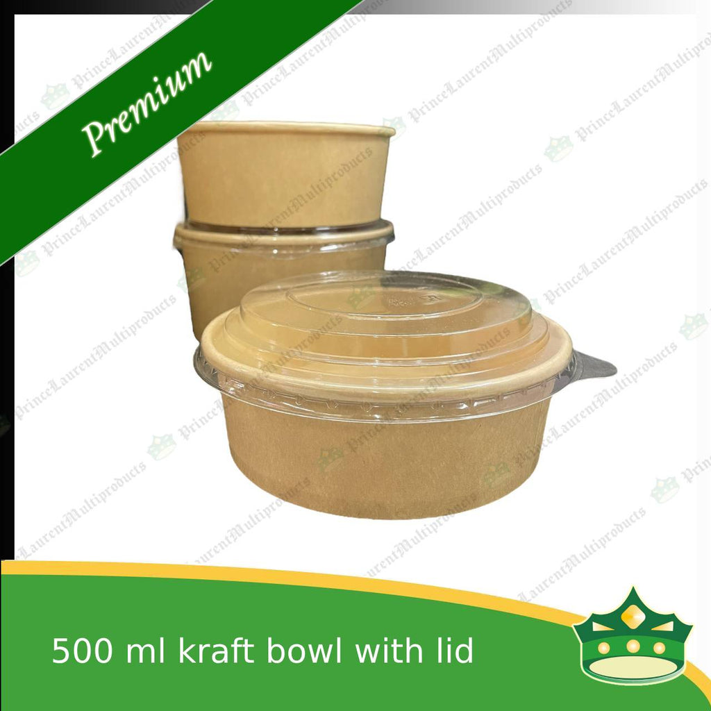[50 pcs] kraft bowl with lid 500cc laminated wide mouth for salad, rice meal, other food products