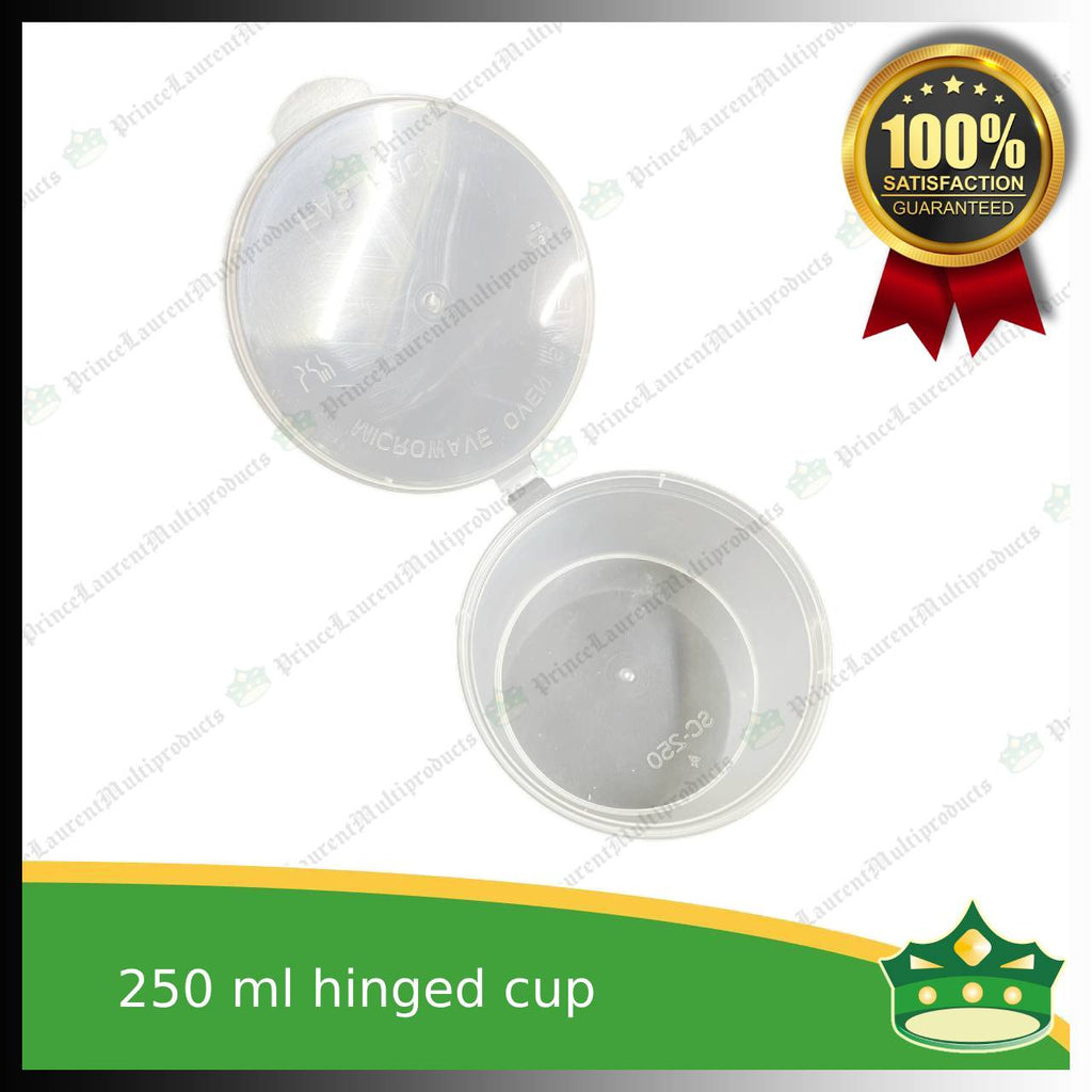 [50 pcs] 250 ml hinged sauce cup clear microwavable plastic with attached lid for take out of sauce gravy specimen / sample cup