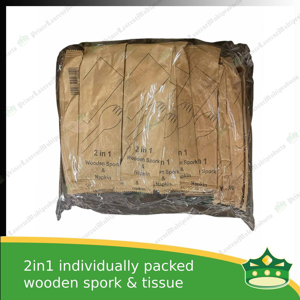 [50 sets] 2in1 wooden spork & table napkin paper wrapped set for easy on the go disposable cutleries