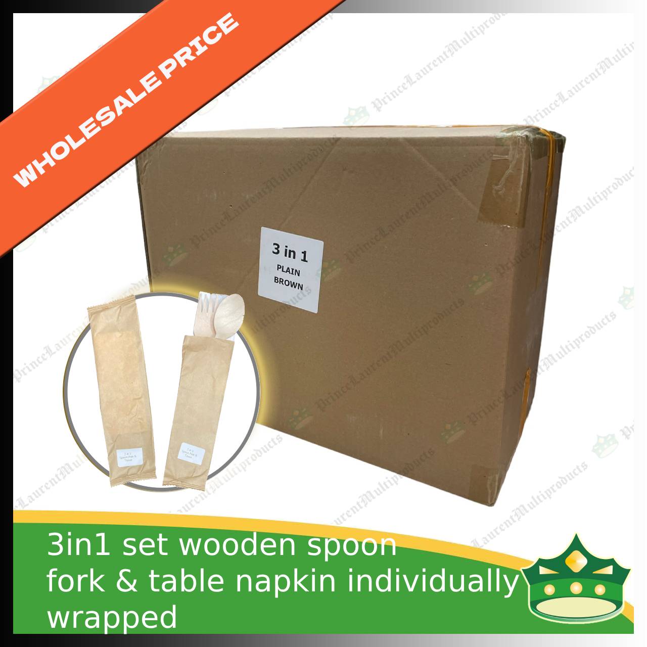 [1 case] 3in1 wooden spoon fork & table napkin paper wrapped set for easy on the go disposable cutleries