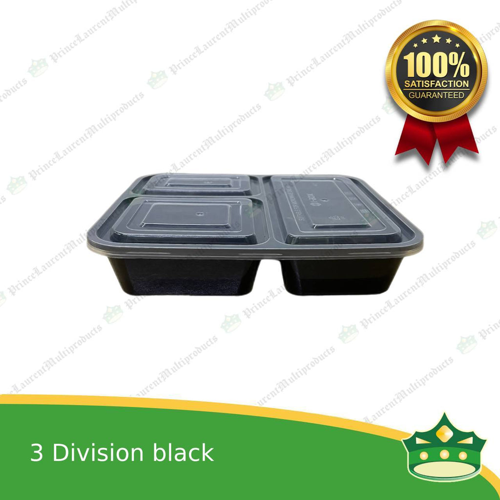[150 pcs] iBox brand 3 division microwavable bento boxes black body clear cover for food packs & catering events parties meetings & many more