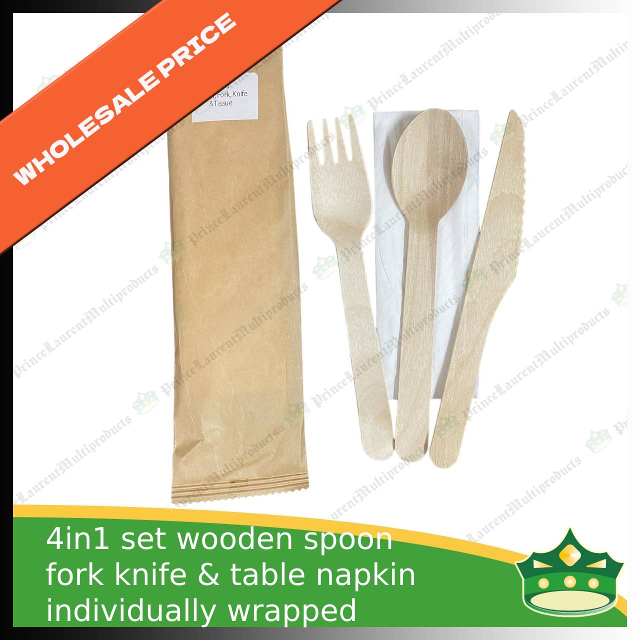[1 case] 4in1 wooden spoon fork knife & table napkin paper wrapped set for easy on the go disposable cutleries