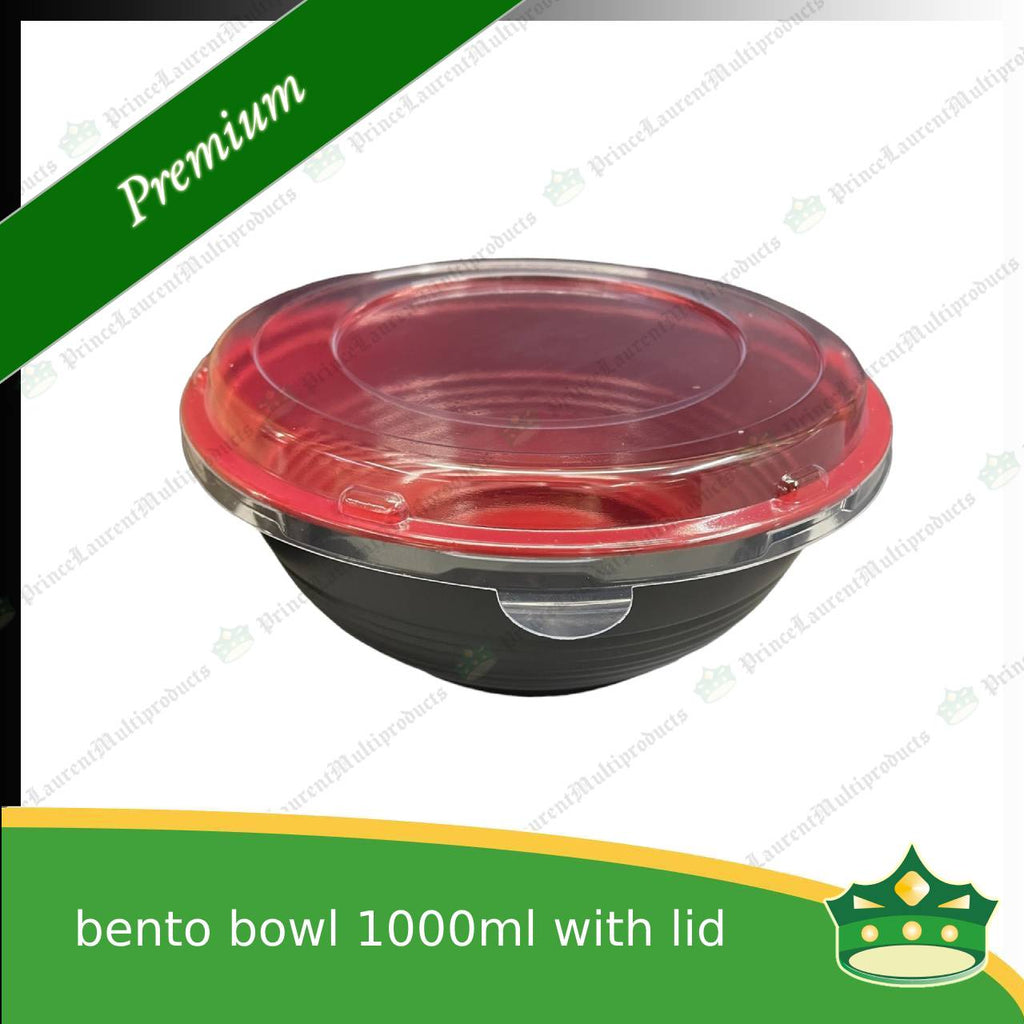 [50 pcs] ramen bowl bento bowl 1000ml red and black bottom with clear lid for noodles ramen