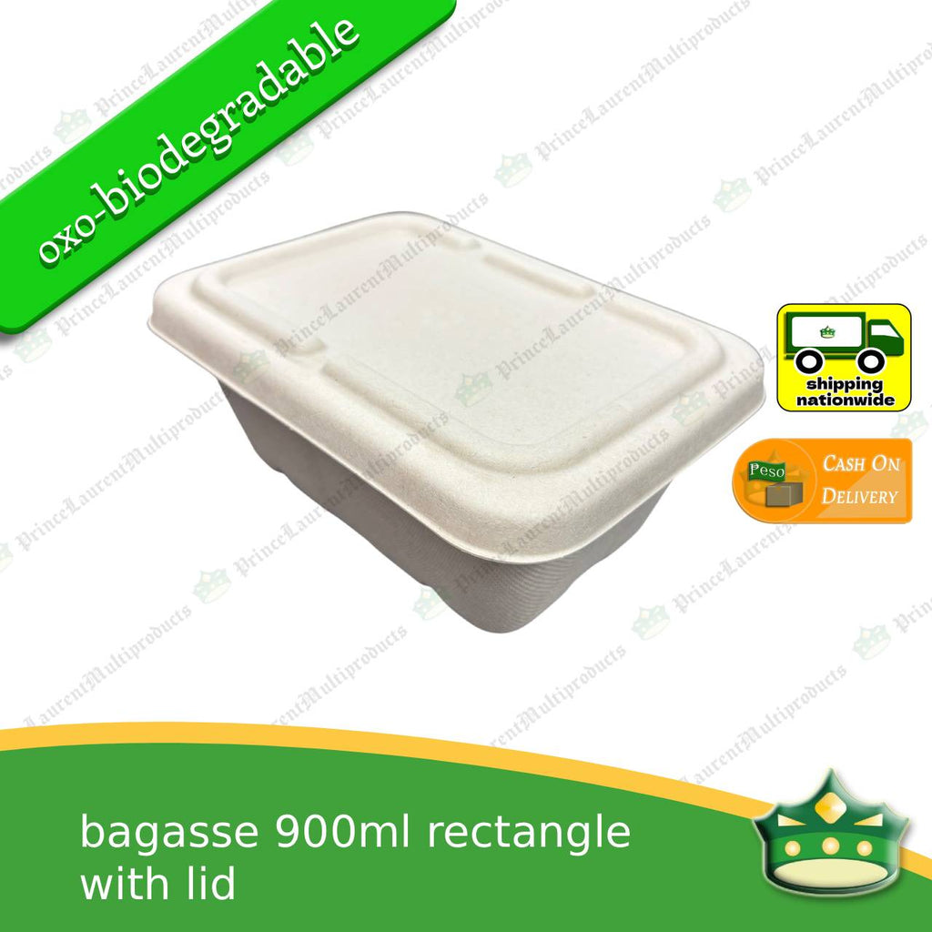 [50 pcs] bagasse rectangular container with lid 900ml, biodegradable, eco-friendly, disposable, kitchen use, household supplies.