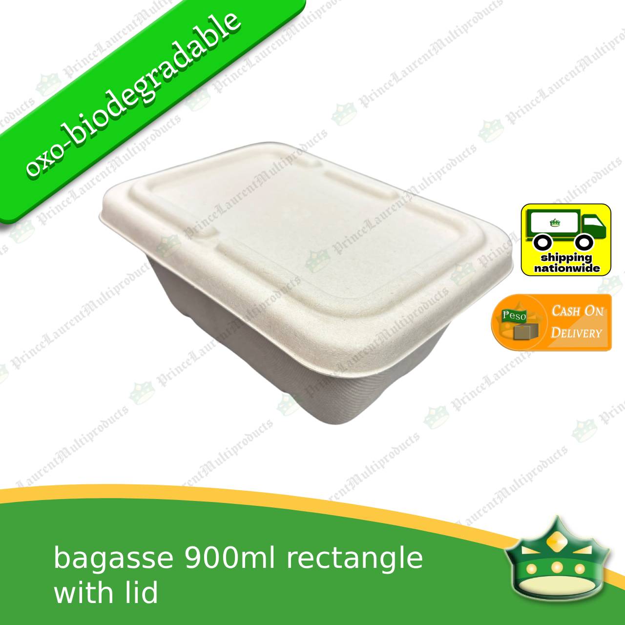 [50 pcs] bagasse rectangular container with lid 900ml, biodegradable, eco-friendly, disposable, kitchen use, household supplies.