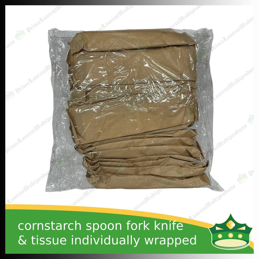 [25 sets] compostable cornstarch spoon fork knife & tissue individually wrapped biodegradable disposable for takeout utensils