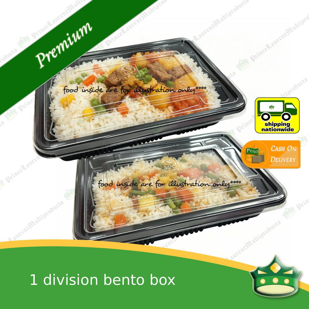 [50 pcs] 1 division bento box black body with clear lid for bento meals food packs rice fruits desserts viands combination meals