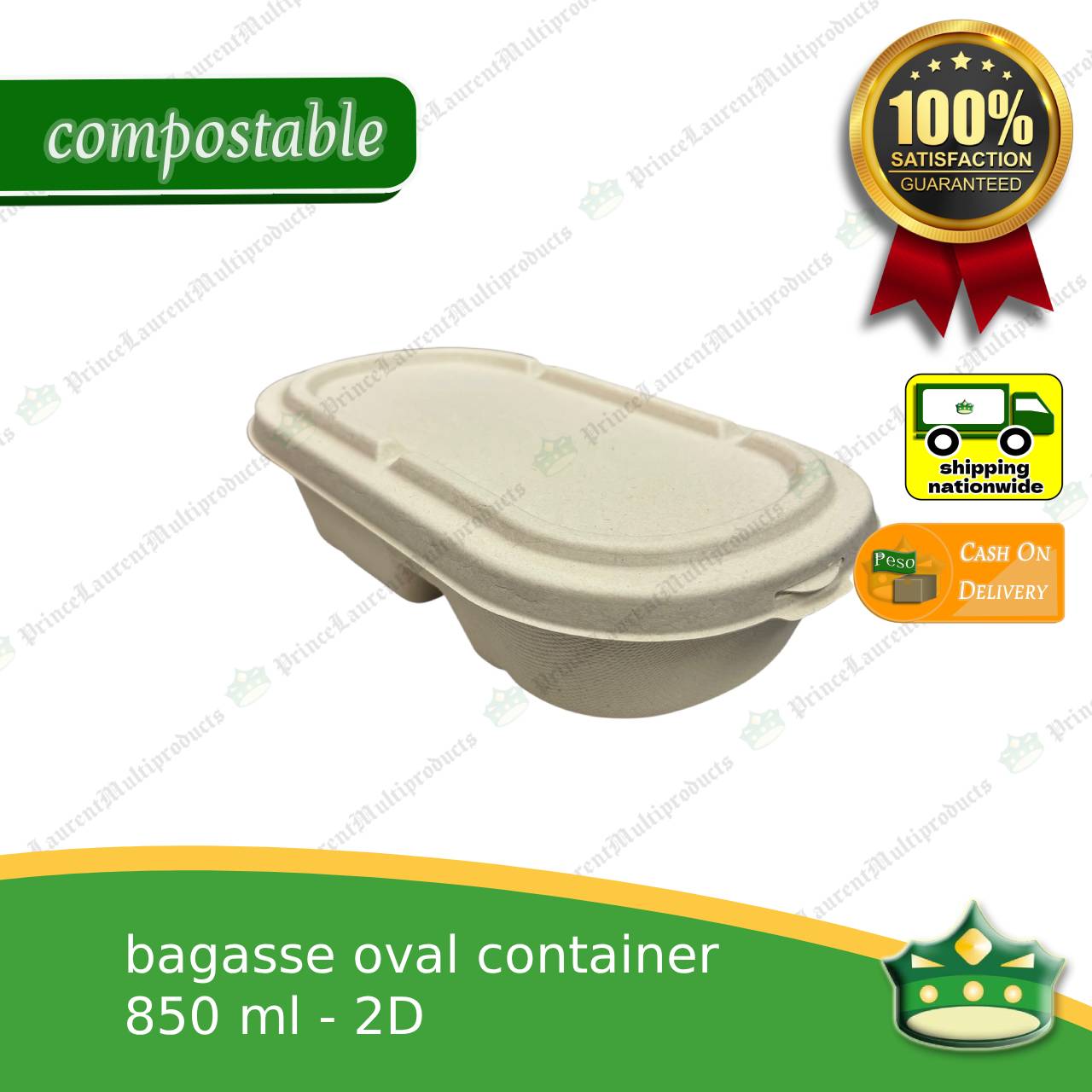 [50 pcs] bagasse 2D oval 850ml container with lid compostable biodegradable take away box