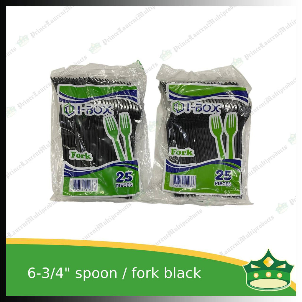 [25 pcs] iBox premium plastic hard spoon or fork black 6.75 inches length disposable cutleries for parties events and celebration