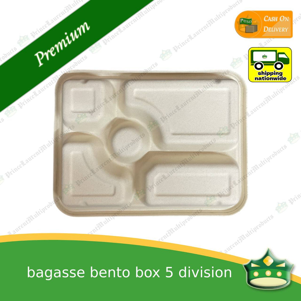 [50 pcs] bagasse bento box 5 division with lid for eco-friendly alternative on food take-outs, packed meals