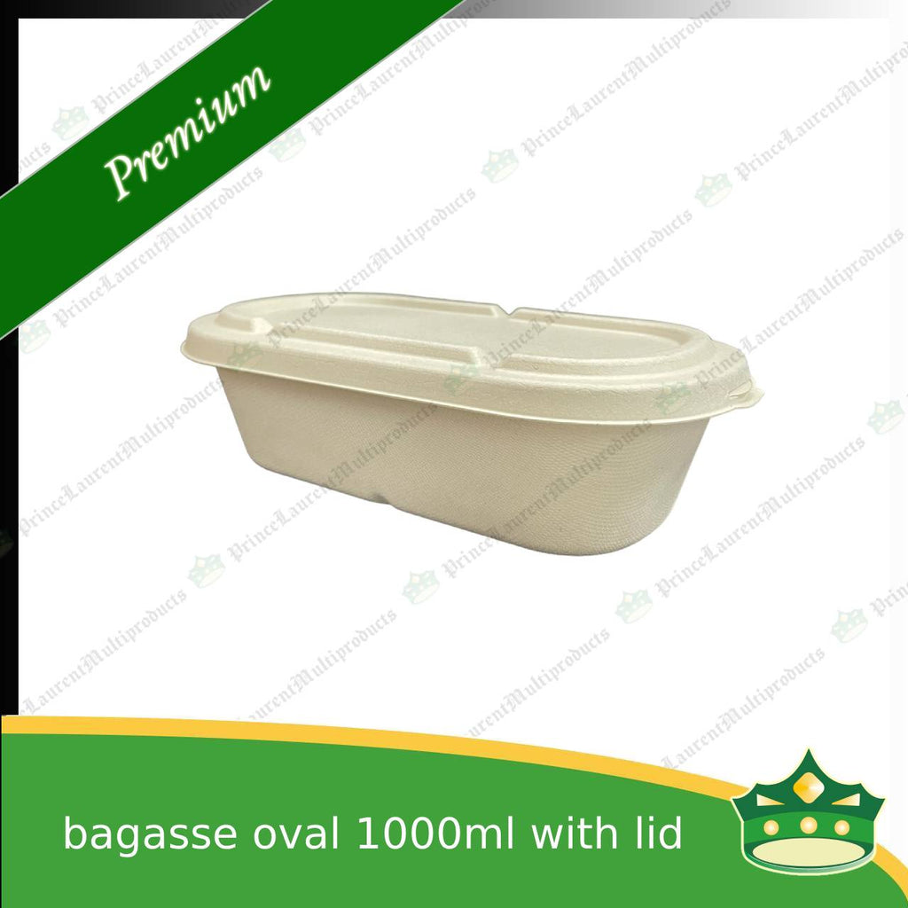 [50 pcs] bagasse oval 1000ml container with lid for compostable biodegradable take away boxes