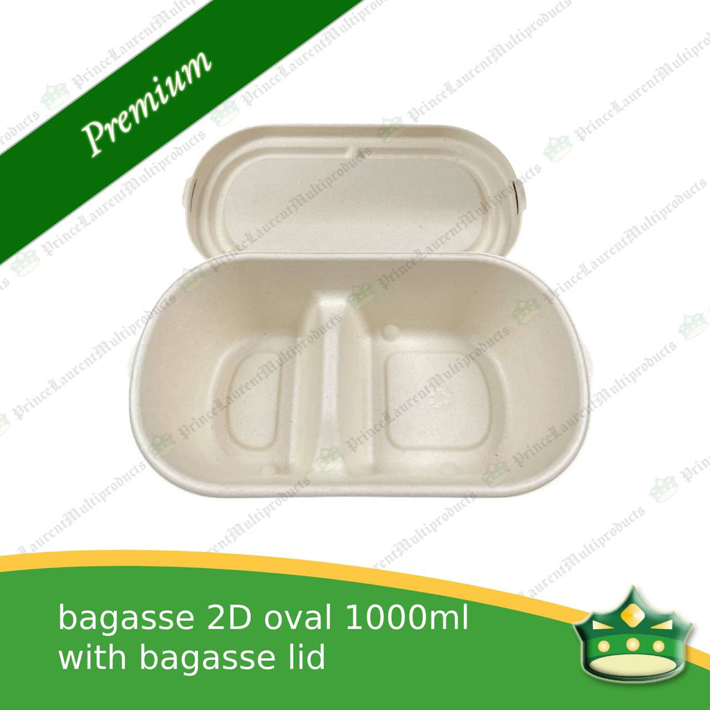 [50 pcs] bagasse 2D oval 1000ml container with lid for compostable biodegradable take away boxes