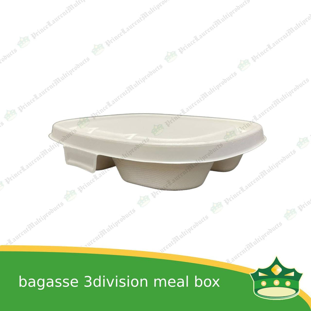 [50 pcs] bagasse 3 compartment meal box with bagasse lid paper take out food box compostable biodegradable take away boxes with divider for meals, rice toppings, catering food