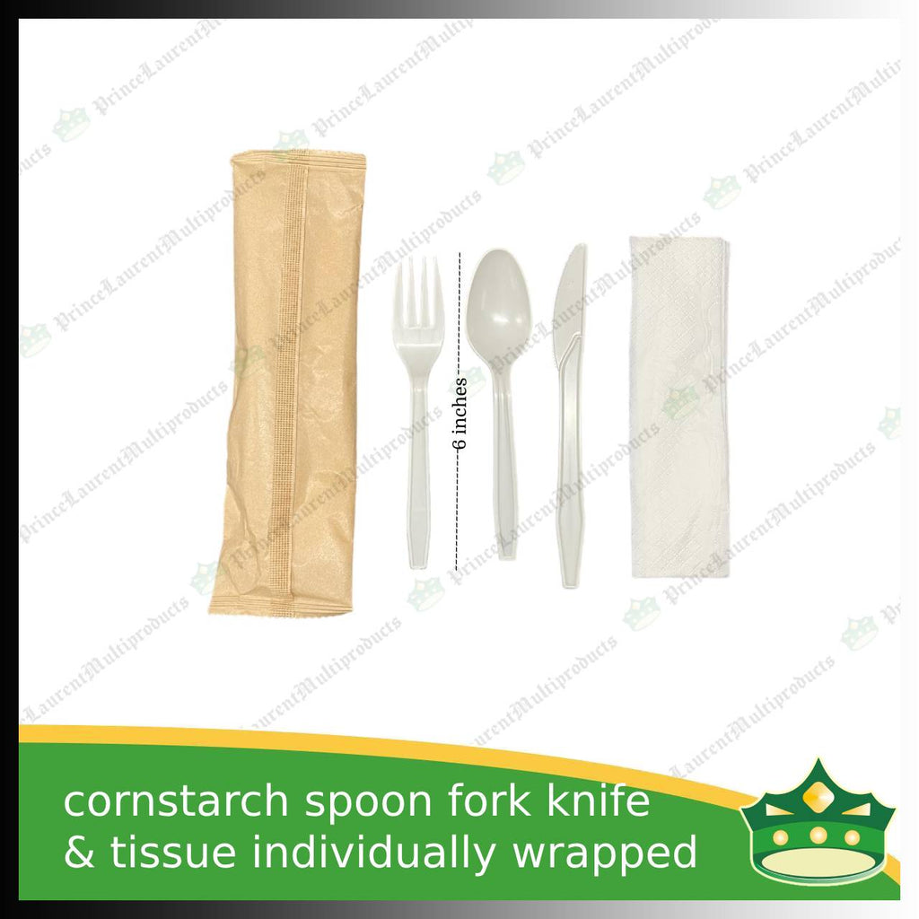 [25 sets] compostable cornstarch spoon fork knife & tissue individually wrapped biodegradable disposable for takeout utensils