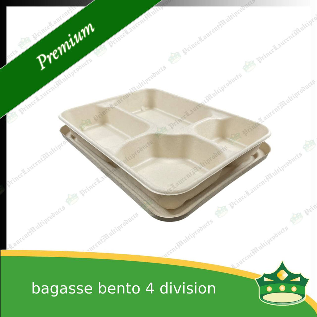 [50 pcs] bagasse bento box 4 division with lid for eco-friendly alternative on food take-outs, packed meals