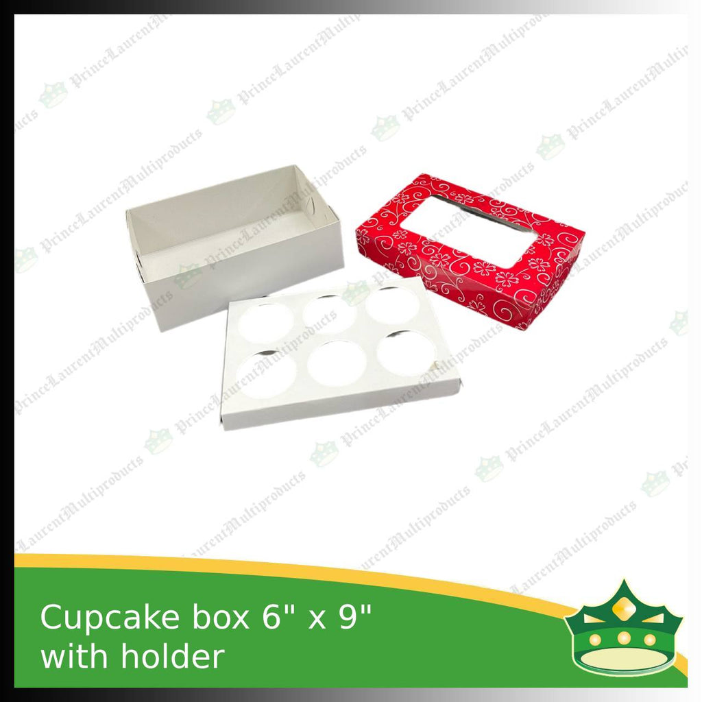 [20 pcs] cup cake holder box by 6 holes 6x9x3 inches plain red or printed ornaments