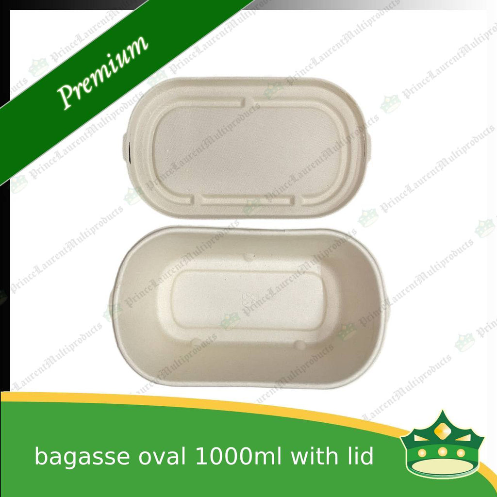 [50 pcs] bagasse oval 1000ml container with lid for compostable biodegradable take away boxes