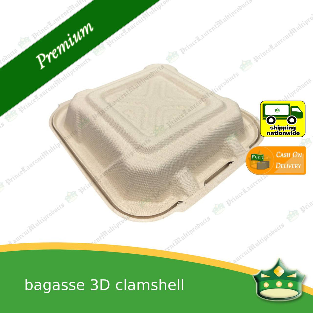[50 pcs] bagasse 3D clamshell (3 compartment box) for takeaway meals