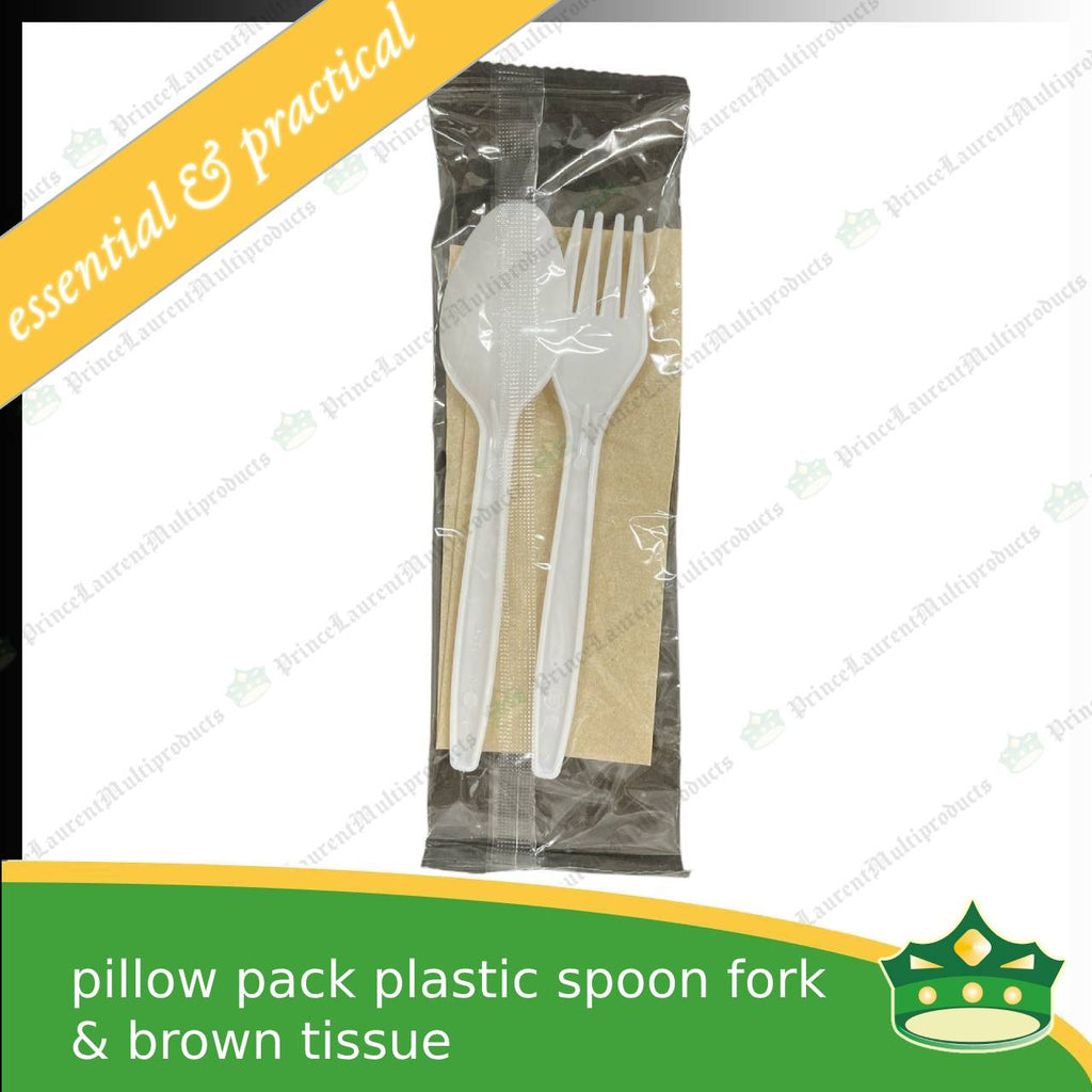 [25 sets] 3in1 plastic spoon fork & brown table napkin plastic pillow wrapped set for easy on the go disposable cutleries
