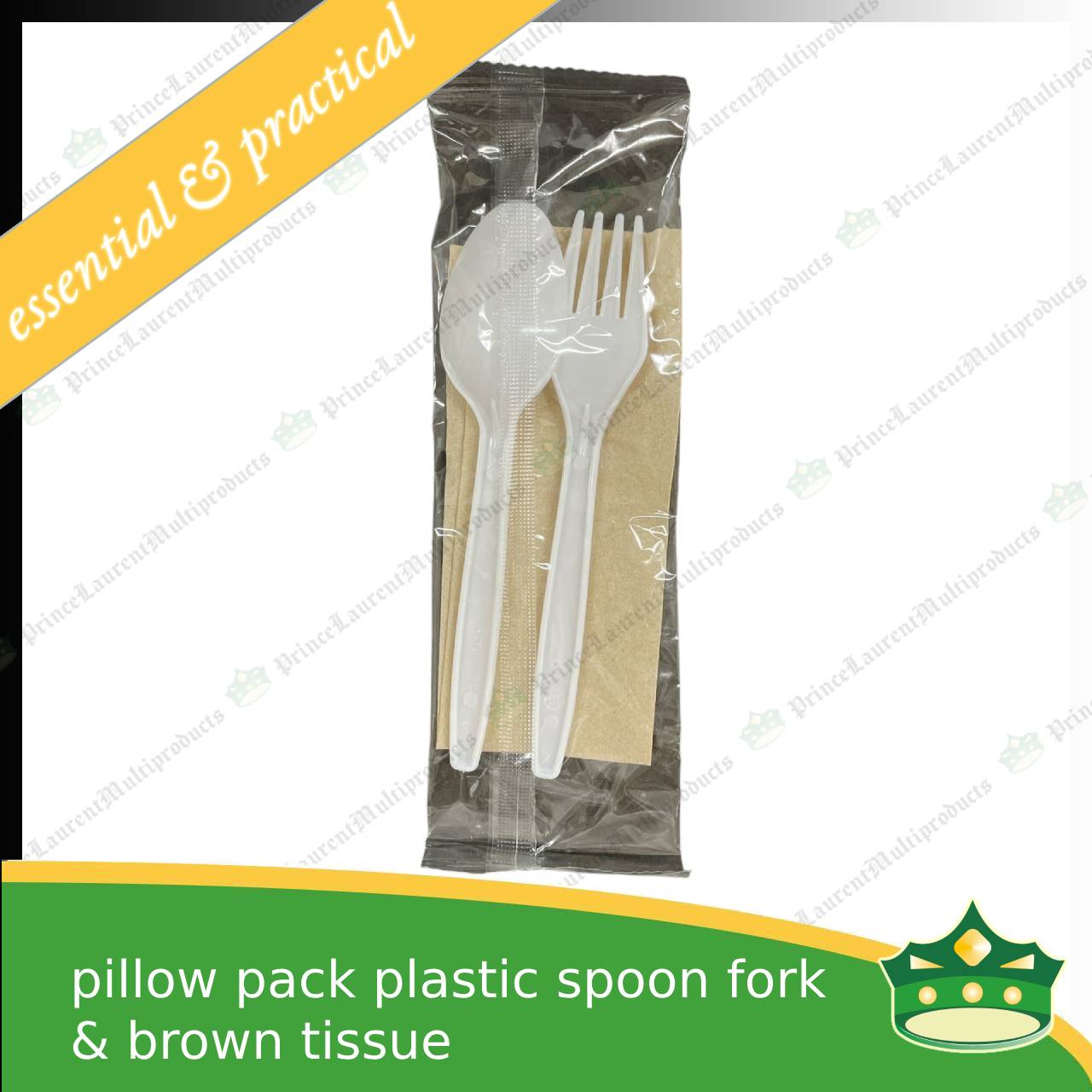 [25 sets] 3in1 plastic spoon fork & brown table napkin plastic pillow wrapped set for easy on the go disposable cutleries