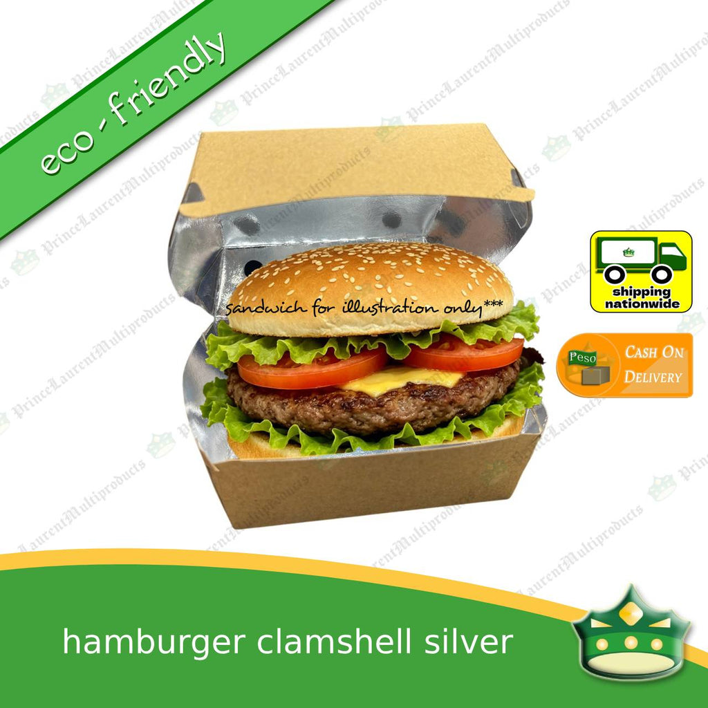 [50 pcs] Kraft silver laminated leak proof hamburger clamshell box for take-out meals, packed meals, rice toppings, noodles, pansit, merienda, ulam viands, siopao, small meals. Eco-friendly
