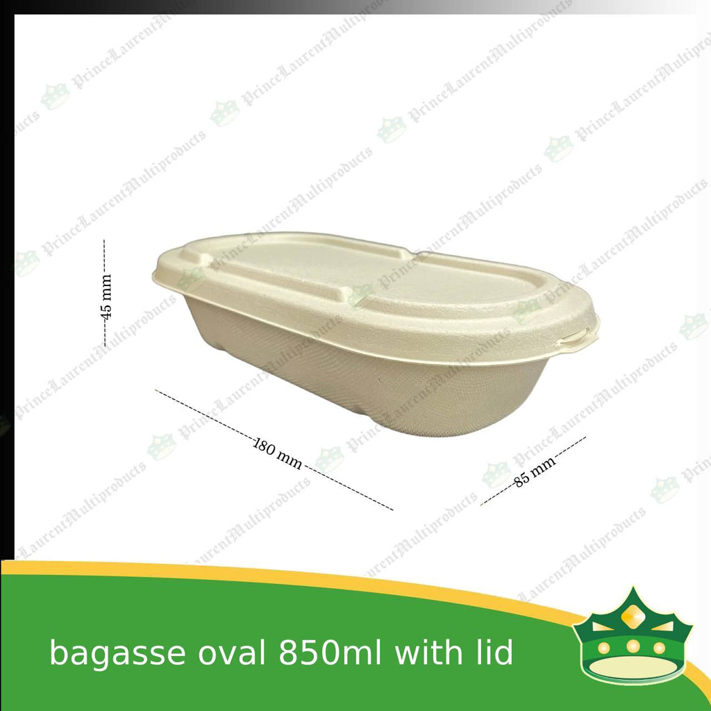 [50 pcs] bagasse oval 850ml container with lid for compostable biodegradable take away boxes