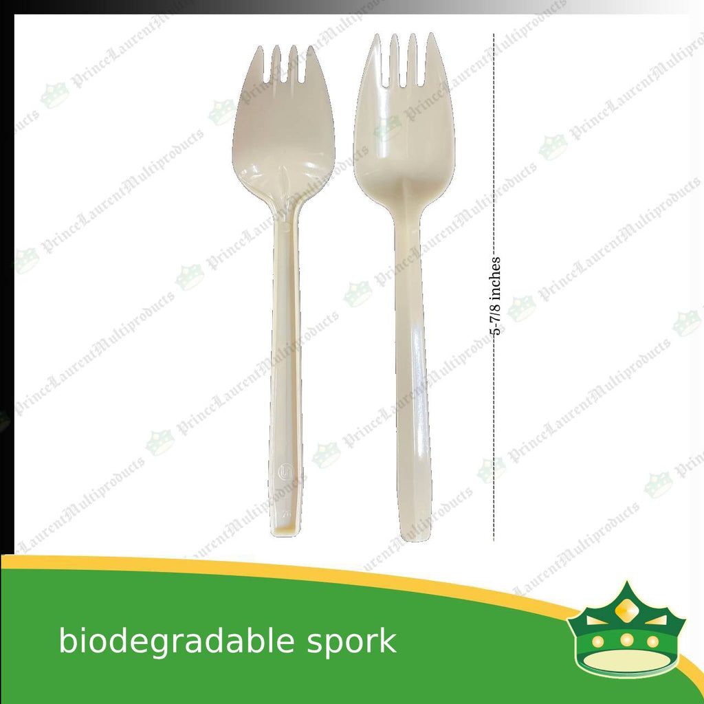 [25 pcs] biodegradable spork combination beige 5.875 inches length disposable plastic cutleries as takeout utensils
