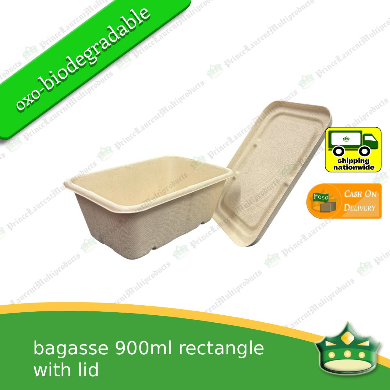 [50 pcs] bagasse rectangular container with lid 900ml, biodegradable, eco-friendly, disposable, kitchen use, household supplies.