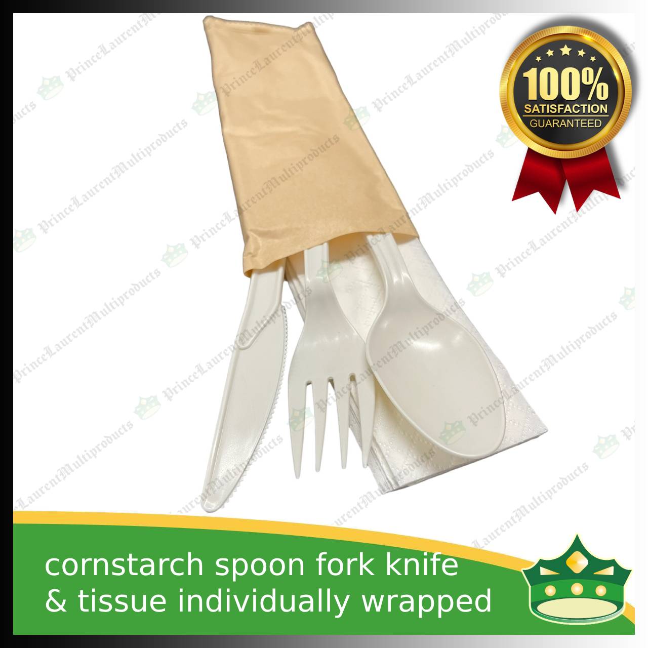 [25 sets] compostable cornstarch spoon fork knife & tissue individually wrapped biodegradable disposable for takeout utensils