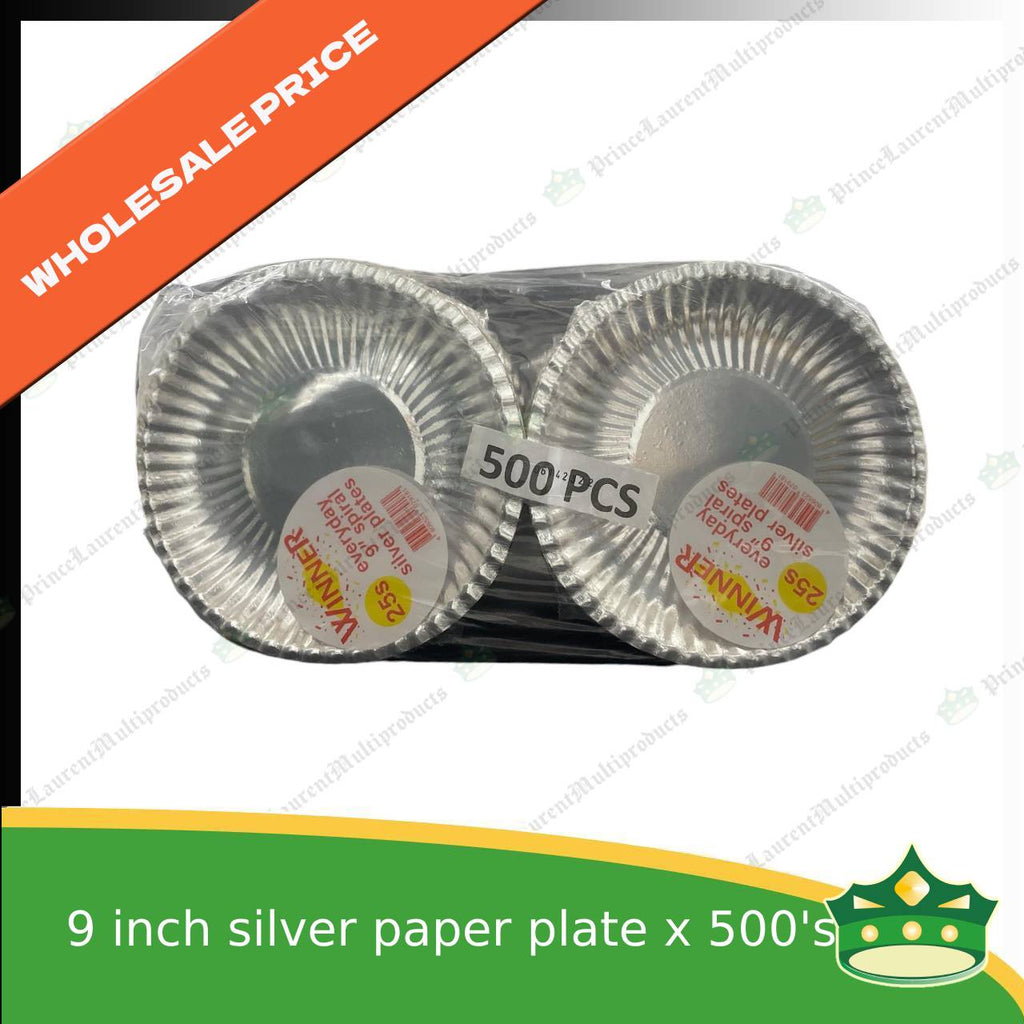 [500 pcs] 9 inch paper plate SILVER LAMINATED use as disposable serving dish for all occasions