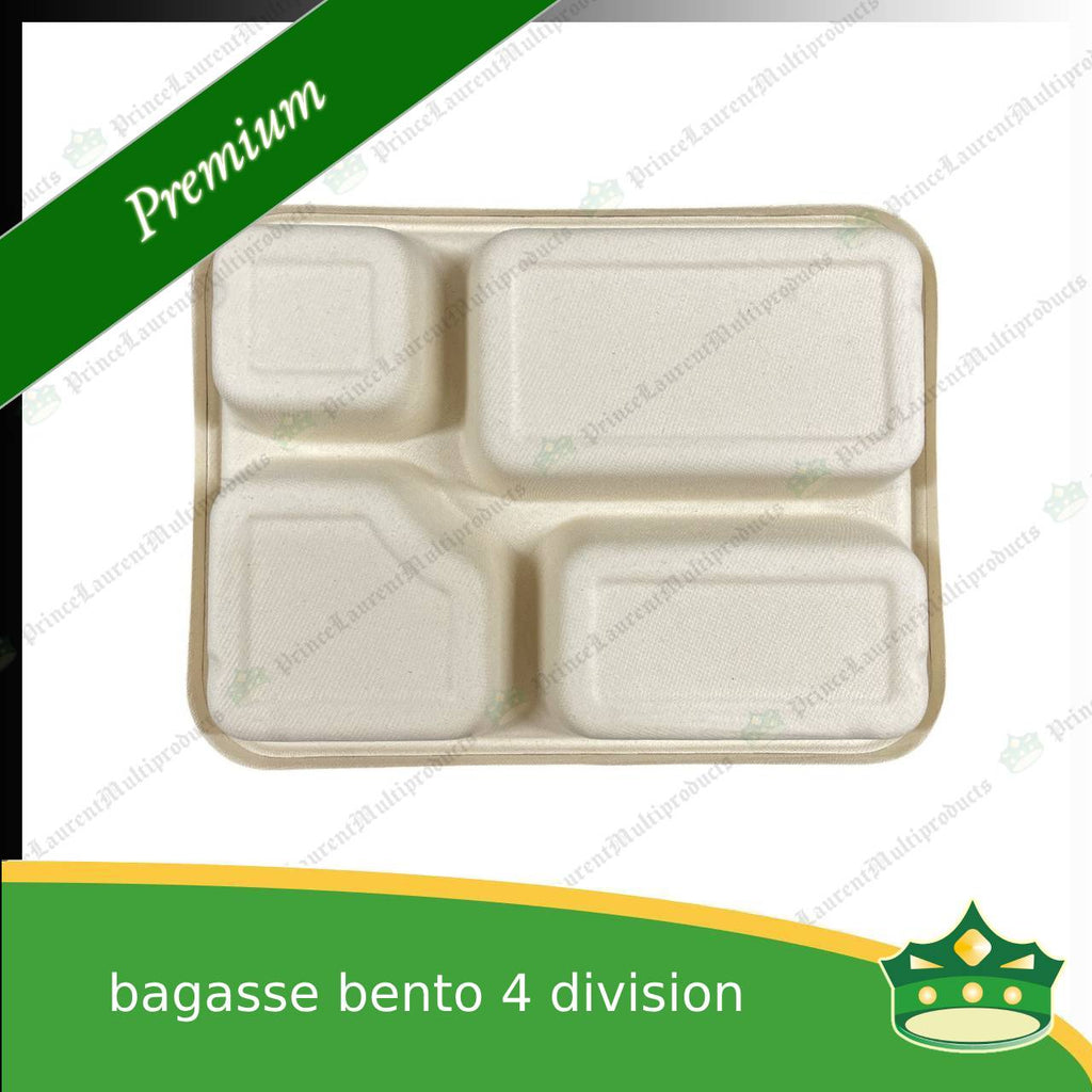 [50 pcs] bagasse bento box 4 division with lid for eco-friendly alternative on food take-outs, packed meals