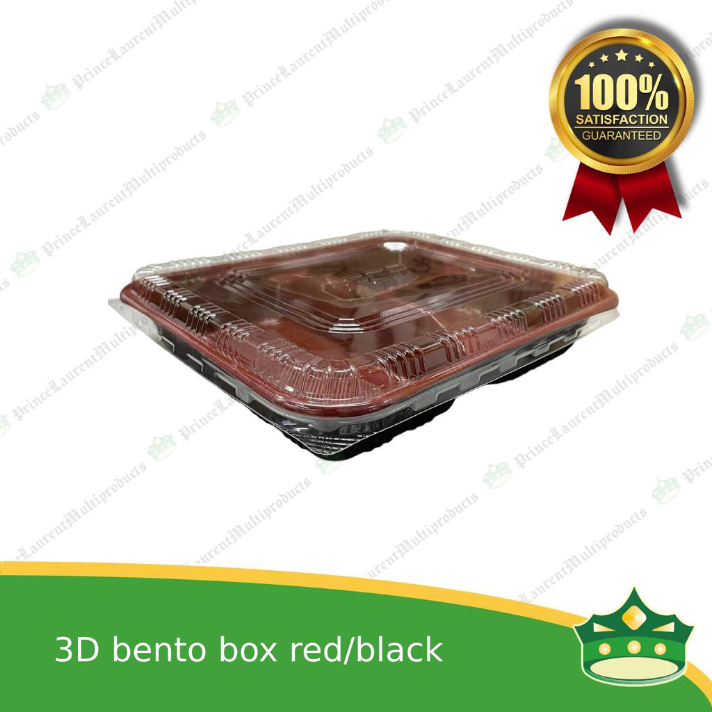 [50 pcs] Japanese bento box 3 division red and black bottom with clear lid for bento meals food packs rice fruits desserts viands combination meals