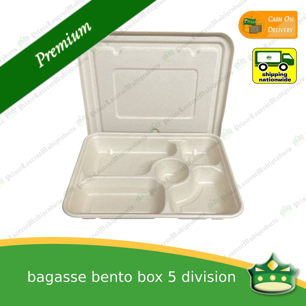 [50 pcs] bagasse bento box 5 division with lid for eco-friendly alternative on food take-outs, packed meals