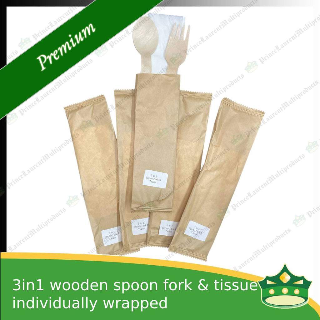 [50 sets] 3in1 wooden spoon fork & table napkin paper wrapped set for easy on the go disposable cutleries