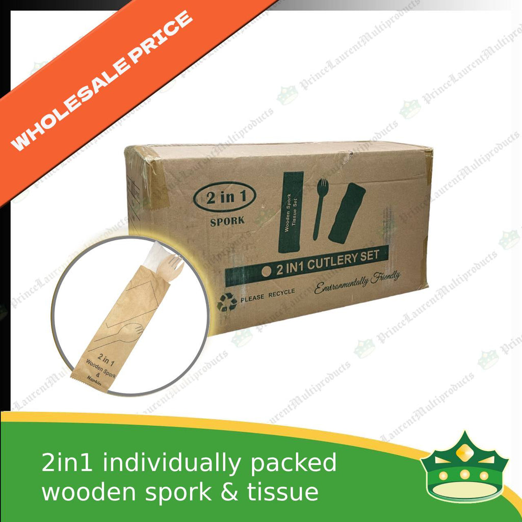 [1 case] 2in1 wooden spork & table napkin paper wrapped set for easy on the go disposable cutleries