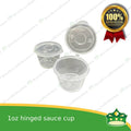 [100 pcs] 1 oz hinged sauce cup clear microwavable plastic with attached lid for take out of sauce gravy specimen / sample cup