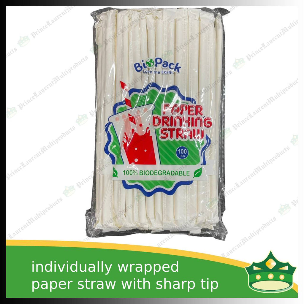 [100 pcs] Drinking paper straw white with SHARP TIP INDIVIDUALLY WRAPPED for milk shakes, juices and other cold beverages