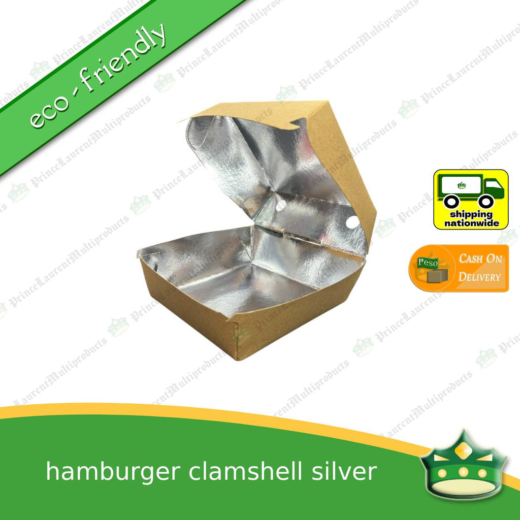 [50 pcs] Kraft silver laminated leak proof hamburger clamshell box for take-out meals, packed meals, rice toppings, noodles, pansit, merienda, ulam viands, siopao, small meals. Eco-friendly