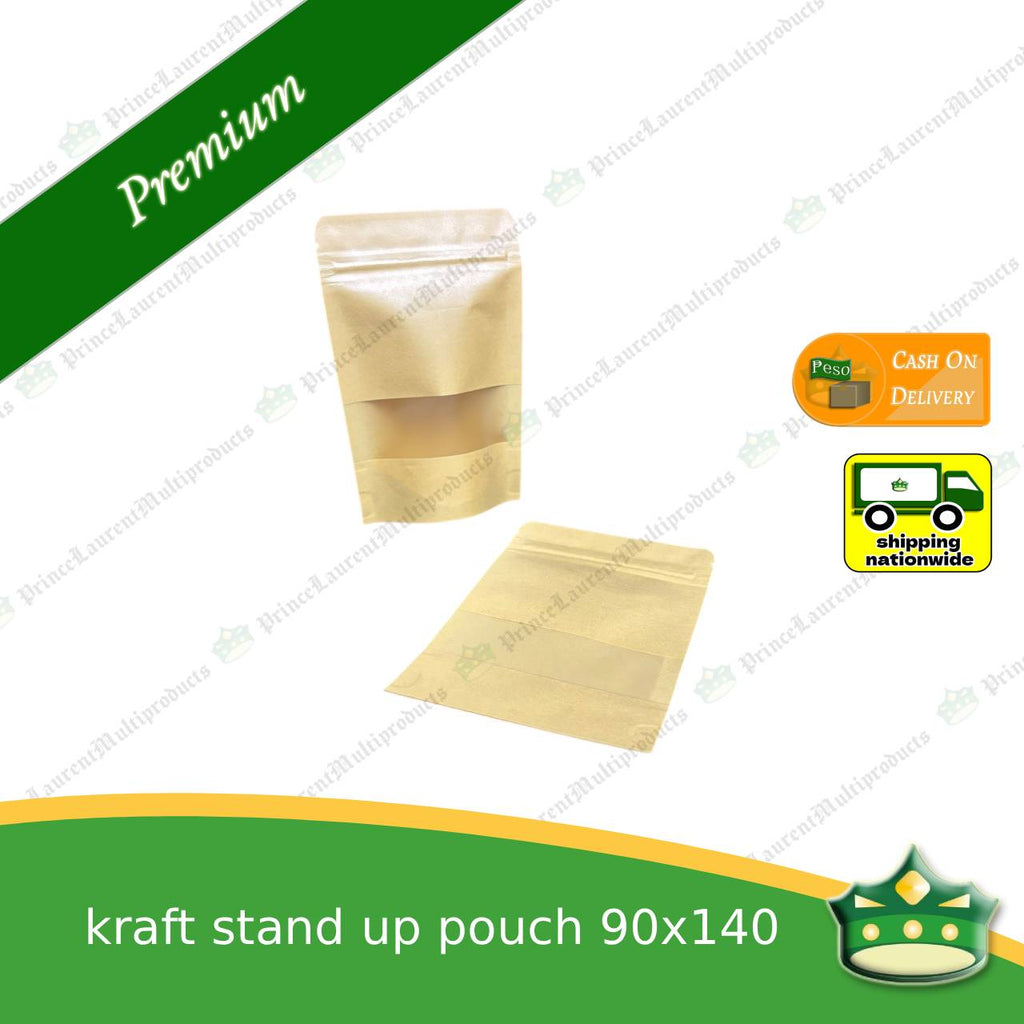 [100 pcs] standup pouch with ziplock kraft with window 90 x 140 mm for repacking corn, peanuts, anchovies dilis, nuts, sweets, sampaloc, chicharon, snacks, baked goodies