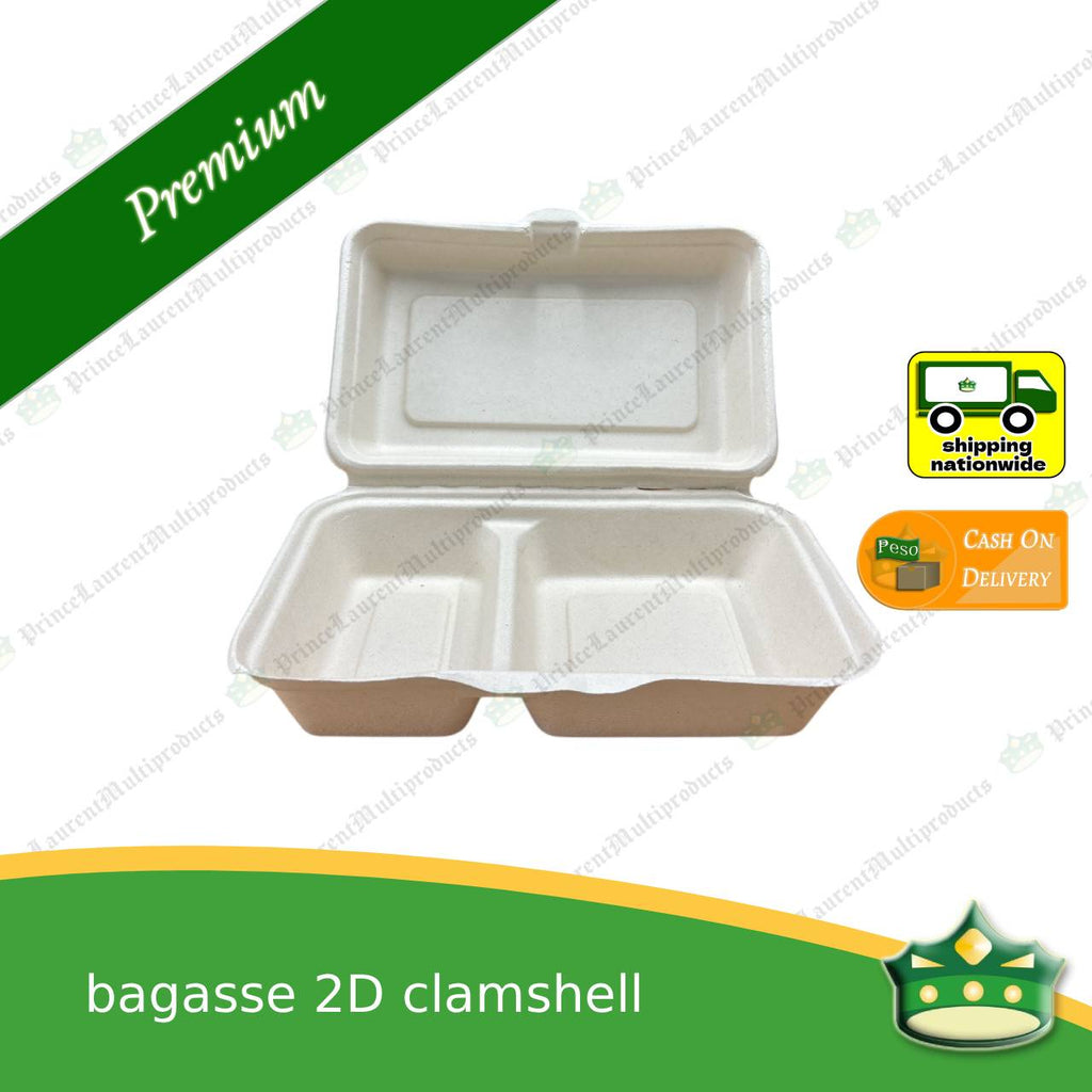 [50 pcs] bagasse 2D clamshell (2 compartment box) for takeaway meals